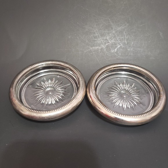 Leonard Silver plate Starburst Cut Crystal Coasters Lot of 2 ITALY - Picture 4 of 10